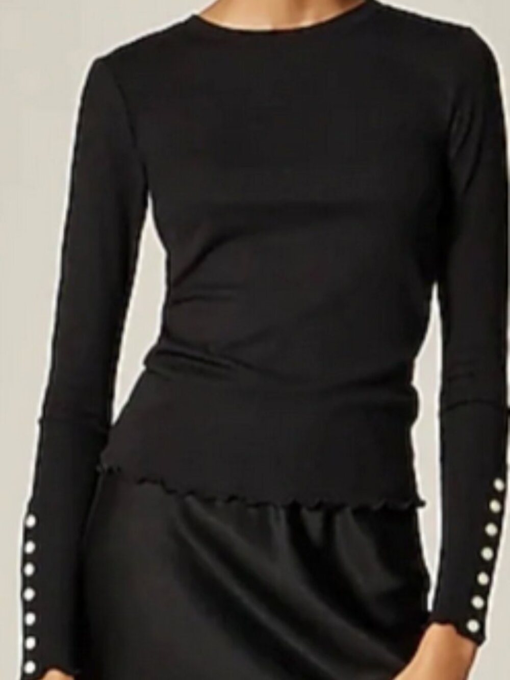 J.Crew Refined Rib Long Sleeve Black Pullover T-Shirt Button Cuffs Essential L